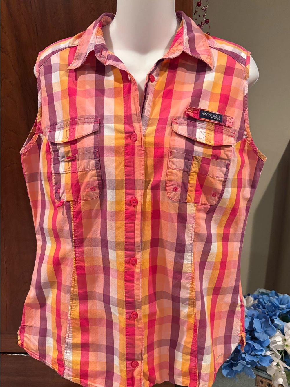 Columbia Women’s Sleeveless Plaid Button-Down Shirt — Pink, Orange, Yellow